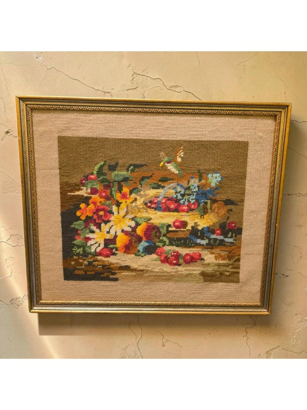 Vintage Framed Needlepoint Art Still Life Fruits & Hummingbird Frame 20"x17"